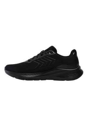Chaussure de sport noire avec une tige en mesh lisse, des accents texturés, une semelle en caoutchouc et une semelle intermédiaire rembourrée, dotée d'un système de laçage.