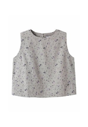 Szary krótki top bez rękawów z małym fioletowo-czarnym kwiatowym wzorem, okrągłym dekoltem i zapięciem na zamek z tyłu.