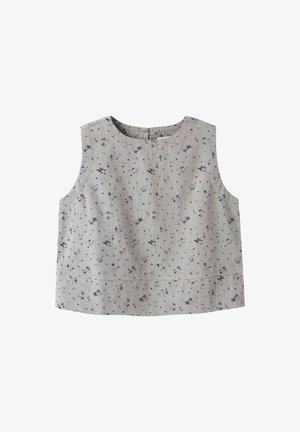 Haut court gris sans manches avec petit motif floral violet et noir, encolure ronde et fermeture éclair au dos.