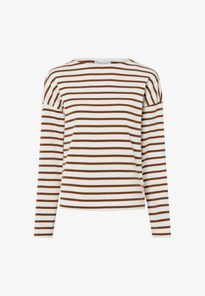 Langärmliges gestreiftes Oberteil in Creme und Braun. Verfügt über einen weiten Ausschnitt, eine lockere Passform und ein kleines rotes Logodetail am Saum. Weiche Stoffstruktur.