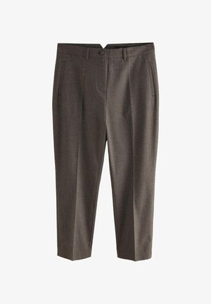 Szürke mintás nadrág, amely testre szabott fazonnal rendelkezik, oldalzsebekkel, gombos zárással és sima textúrával. Rövidített hosszúság.