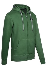 Grüne Zip-Hoodie aus Sweatshirtstoff, mit Kapuze mit Kordelzug und karierten Akzenten, Kängurutaschen und gerippten Bündchen.