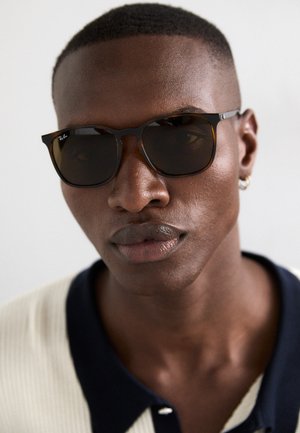 Gafas de sol Ray-Ban con lentes oscuros y montura de carey. Las monturas presentan un diseño esbelto y angular con acentos metálicos en las patillas.