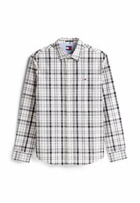 White and black plaid long-sleeve button-up shirt with collar and small logo on the left chest.