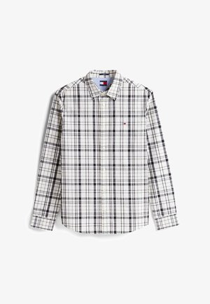 White and black plaid long-sleeve button-up shirt with collar and small logo on the left chest.