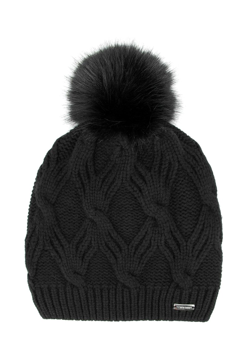 Czarna dziergana czapka z warkoczowym wzorem i dużym czarnym pomponem z sztucznego futra na górze. Posiada małą metalową metkę marki na krawędzi.