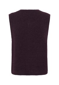 Mouwloze donkerpaars gebreide trui met een gestructureerd oppervlak, rechte zoom en afgeronde halslijn, ontworpen voor een ontspannen pasvorm.
