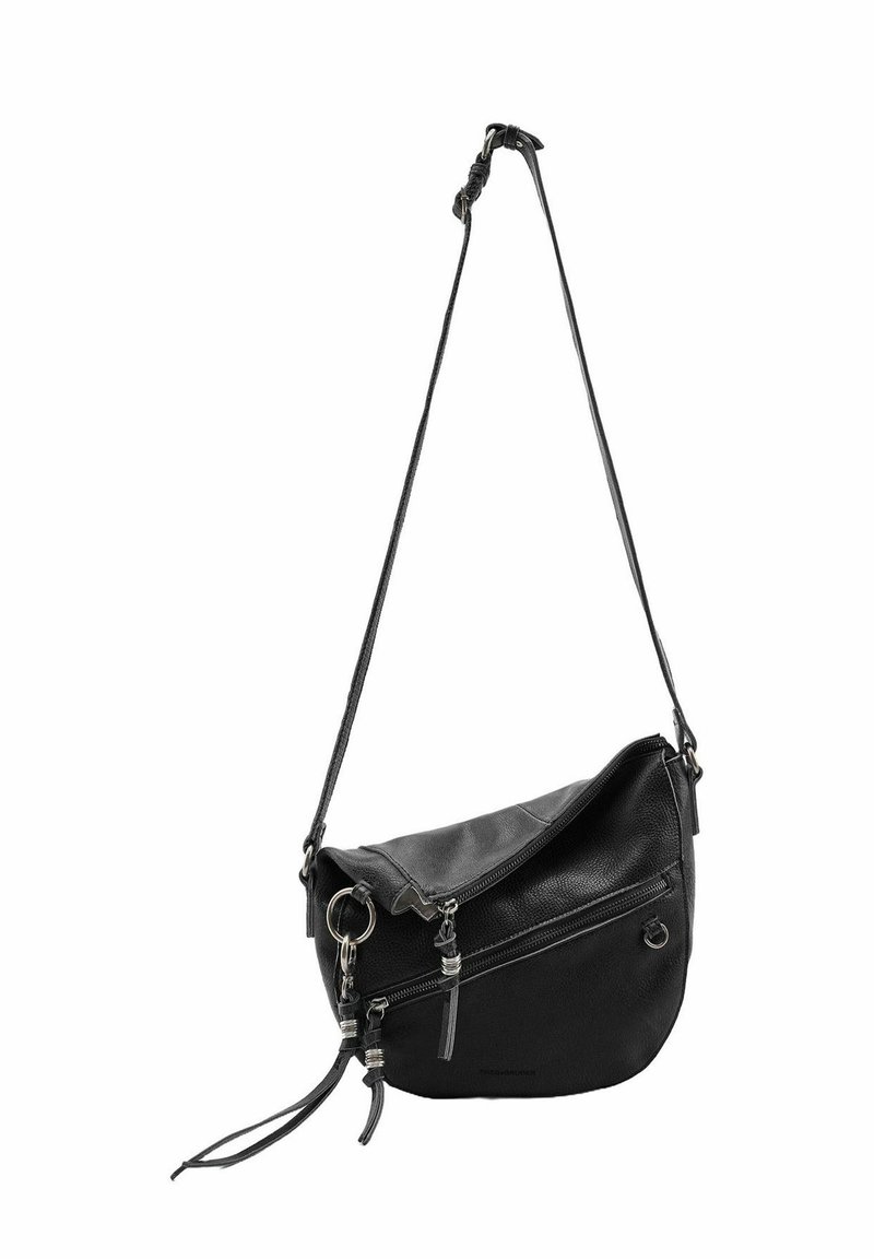 Sac bandoulière en cuir noir avec une finition texturée, une poche zippée et une sangle ajustable. Présente des accents en métal et des détails en frange.