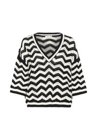 Pull en tricot à motif en zigzag noir et blanc, avec un col en V, des manches courtes et un bord côtelé au niveau de l'encolure et de l'ourlet.