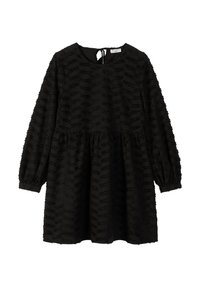 Schwarzes Kleid mit langen Ärmeln und rundem Ausschnitt, mit einem strukturierten Muster und gerafftem Bund. Mit einem Schlüssellochverschluss im Rücken.