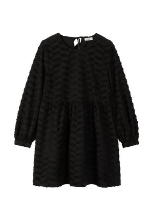 Black dress featuring long sleeves and a round neckline, with a textured pattern and gathered waist. Includes a keyhole back closure.