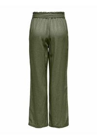 Olive green wide-leg pants with a gathered elastic waistband, featuring a smooth texture and casual design, suitable for comfortable wear.