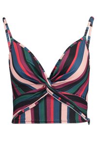 Pruhovaný crop top s detailním zkroucením v přední části. Vyroben z hladkého, elastického materiálu s živými barvami: růžovou, zelenou, fialovou a černou.
