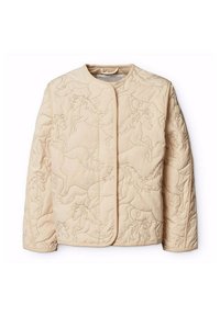 Täckvävd beige jacka med ett präglat hästmönster, rund hals och framöppning utan knappar. Mjuk tyger med texturerad yta.