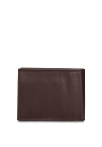 Bruine leren portemonnee met een strak rechthoekig ontwerp, gladde textuur en minimale stikseldetails aan de randen, ontworpen voor compacte opslag.