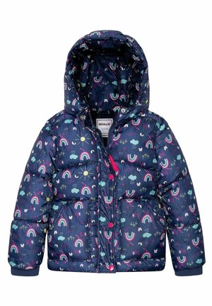 Veste enfant matelassée bleu marine avec capuche, arcs-en-ciel colorés, soleils, nuages, oiseaux et boutons roses sur le devant.