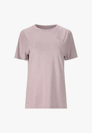 Ensfarvet lysepurpur kortærmet sportst-shirt med rund hals og små "Endurance" og "Quick Dry" logoer på forsiden.