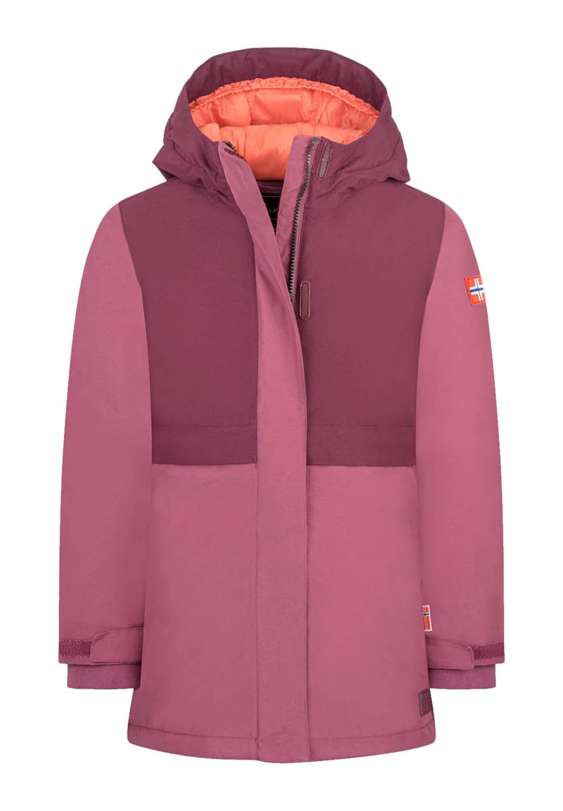 Barnets vinterjakke med hette i to nyanser av rosa med oransje fôr, og flagg-patcher på ermene og lommer.