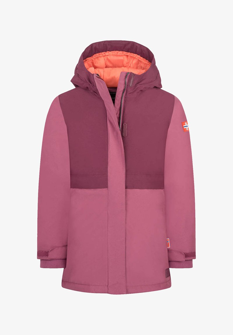 Kinder Winterjacke mit Kapuze in zwei Schattierungen von Rosa, mit orangefarbener Innenausstattung und Fähnchen-Patches an den Ärmeln und der Tasche.
