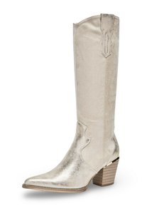 Botte de cowboy argent métallique avec un bout pointu, des coutures décoratives sur la tige et un talon en bois empilé. Texture de cuir lisse.