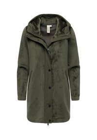 Giacca lunga verde oliva in tessuto peluche con cappuccio, zip frontale, bottoni a pressione, due tasche laterali e polsini a costine.