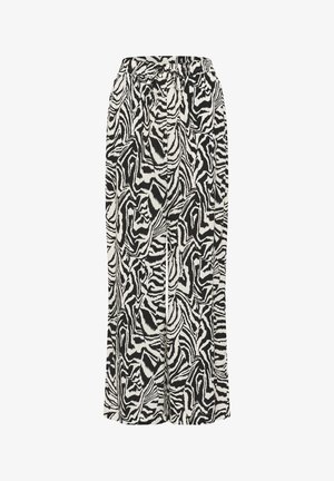 Schwarz-weißer Zebra-Print-Rock mit elastischem Bund, fließendem Design und seitlichen Schlitz. Hergestellt aus leichtem Stoff.