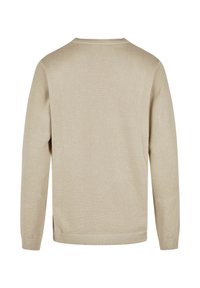Beige gestrickter Pullover mit strukturiertem Muster, Rundhalsausschnitt, gerippten Bündchen und Saum sowie seitlichen Schlitzen am unteren Rand für zusätzlichen Komfort.