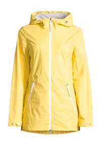 Yellow waterproof jacket with a zip closure, hood, and white accents. Features two side zip pockets and adjustable cuff snaps. Smooth texture.
