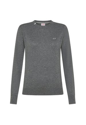 Maglione grigio con maniche lunghe, scollatura a girocollo, texture lavorata a maglia e piccolo logo sul petto. Polsini e orlo a coste completano il design.