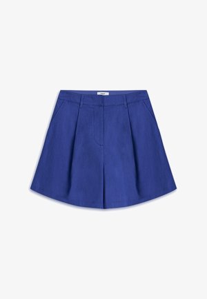 Blauwe geplooide shorts met een gladde textuur, voorzien van zijzakken en een klassieke tailleband. De stof heeft een matte afwerking, wat zorgt voor een nette uitstraling.