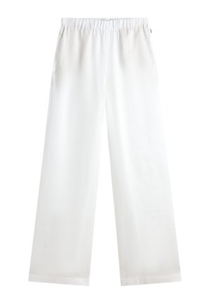 Hvide bukser med vide ben, elastisk talje og lige kant, vist på en ensfarvet hvid baggrund.