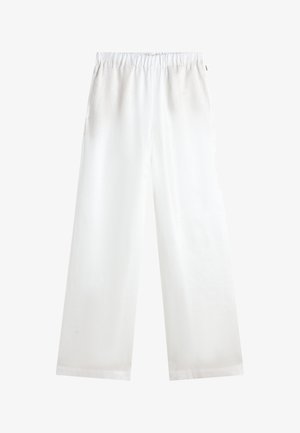 Hvide bukser med vide ben, elastisk talje og lige kant, vist på en ensfarvet hvid baggrund.