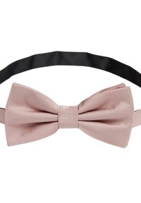 Rosa randig fluga i satin, har en central knut och ett justerbart svart band för fästning.