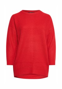 Pull en tricot rouge avec un col rond, des manches tombantes et une coupe décontractée. Tissu texturé avec des accents côtelés en bas et aux poignets.