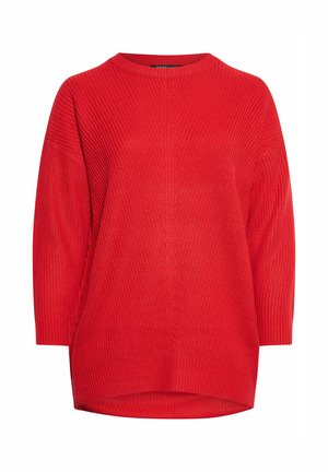 Roter Strickpullover mit Rundhalsausschnitt, fallenden Schultern und lockerer Passform. Texturierter Stoff mit gerippten Akzenten am Saum und den Bündchen.