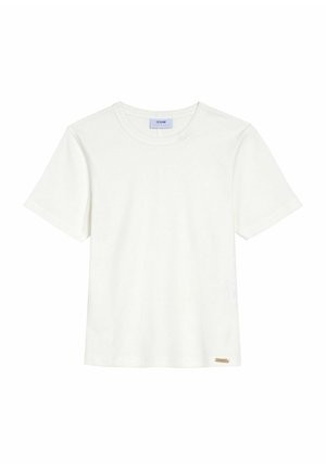 Biała bawełniana koszulka z okrągłym dekoltem i krótkimi rękawami. Posiada małą metkę z logo na dolnej stronie. Gładka struktura, klasyczny krój.