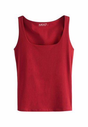 Rode mouwloze tanktop met een vierkante halslijn, gemaakt van zachte stof, met een eenvoudig ontwerp en een rechte zoom.