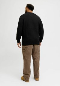 Black knitted sweater with a textured finish, round neck, and long sleeves, paired with beige cargo pants and brown footwear.