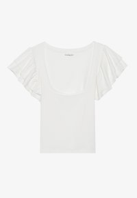 Hvit topp med korte, volangermede ermer og bred utringning. Laget av myk, elastisk stoff, med en tettsittende silhuett.