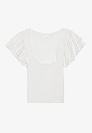 Hvit topp med korte, volangermede ermer og bred utringning. Laget av myk, elastisk stoff, med en tettsittende silhuett.