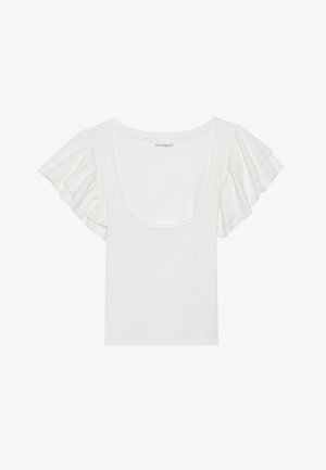 Hvid topp med korte, voluminøse ærmer og en bred rund halsudskæring. Fremstillet af blødt, strækbart stof, med en tætsiddende silhuet.