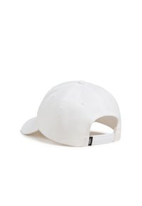 White baseball cap with a smooth fabric, curved brim, and adjustable snapback closure. Includes a small black logo on the side.