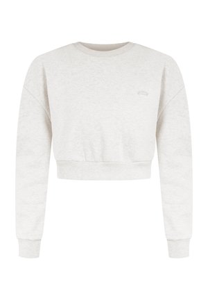 Sweat-shirt court gris clair avec un col rond, des poignets et un ourlet côtelés, arborant un petit logo discret sur la poitrine.