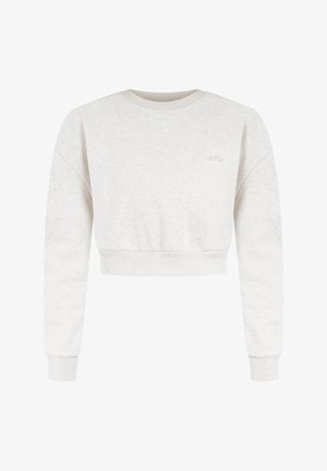 Light gray cropped sweatshirt with a round neckline, ribbed cuffs, and hem, featuring a small, subtle logo on the chest.