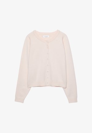 Lyserød cardigan lavet af blødt materiale, med rund halsudskæring, lange ærmer og en knaplukning fortil med matchende knapper.