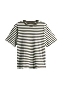 Gestreiftes T-Shirt mit horizontalen Linien in dunkelolivgrün und weiß; kurze Ärmel, runder Ausschnitt, weiches Baumwollmaterial, lässige Passform.