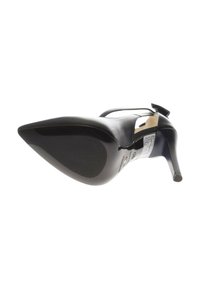 Black high-heeled shoe with a pointed toe, smooth leather upper, and a glossy black sole. Features an ankle strap and decorative accents.