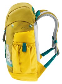 Children's backpack in yellow and light brown. Features a bear graphic, mesh back, zip pocket, and elastic side pouch. Adjustable straps.