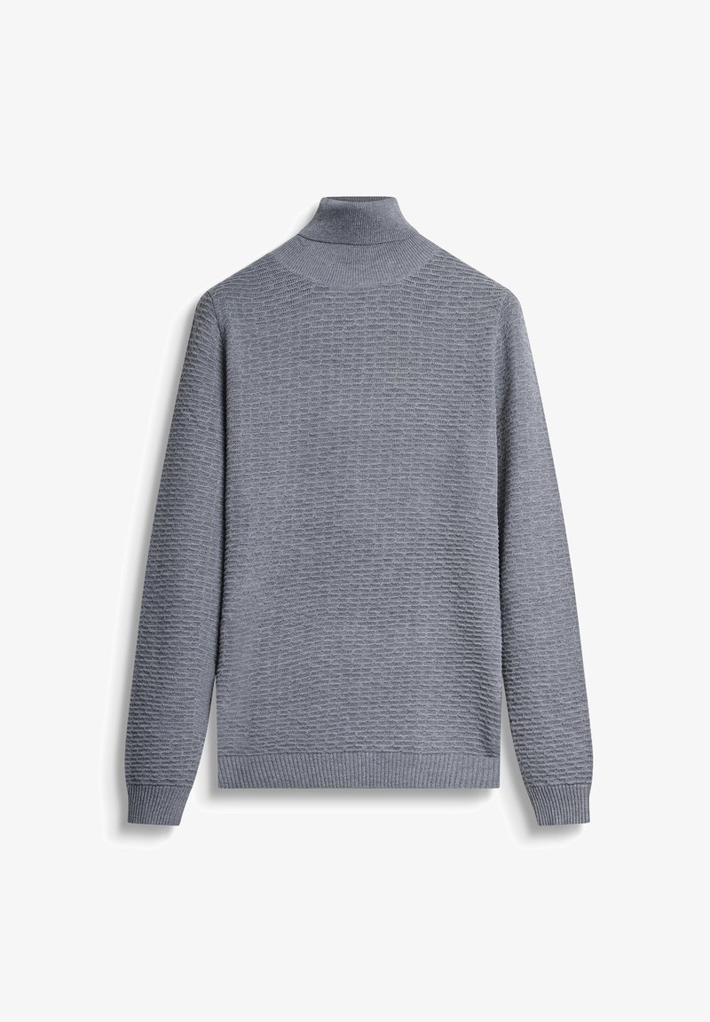 Grijze coltrui met een textuurpatroon, geribbelde manchetten en zoom. Gemaakt van een zacht breimateriaal, met een hoge kraag.