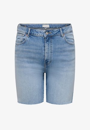 Pantaloni scurți de denim albastru deschis cu cinci buzunare, închidere cu nasture și margini neterminate.